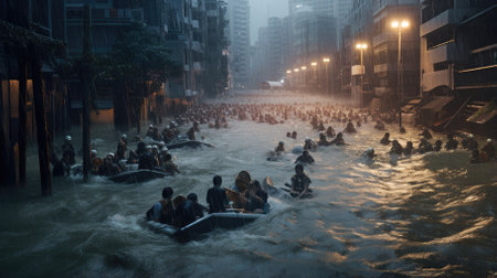 Floods overwhelm city, forcing mass evacuation. Image generated with Generative AI.の素材