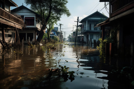 Floods displace residents due to rising sea levels. Image generated with Generative AI.の素材