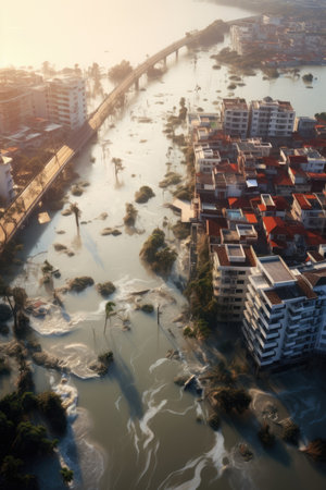 Floods overcome coastal city, displacing thousands. Image generated with Generative AI.の素材