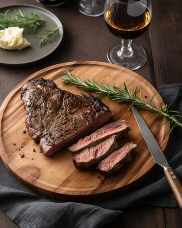 The beef rib eye steak is juicy and flavorful. Image generated with Generative AIの素材
