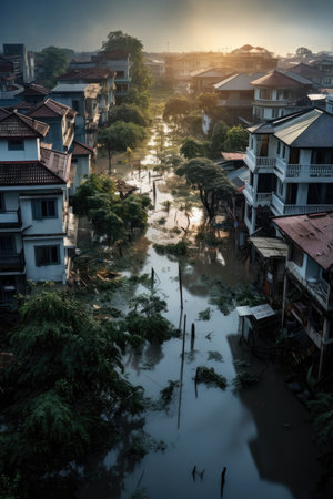 Floods overcome coastal city, displacing thousands. Image generated with Generative AI.の素材