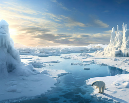 Melting arctic ice exposes vulnerable polar bear habitat. Image generated with Generative AI.の素材