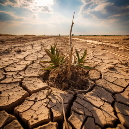 Drought leads to crop failure and food scarcity. Image generated with Generative AI.の素材