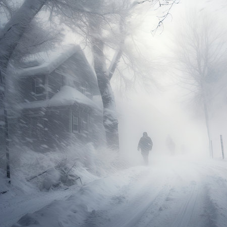 Blizzard: freezing winds, heavy snowfall, limited visibility. Image generated with Generative AI.の素材