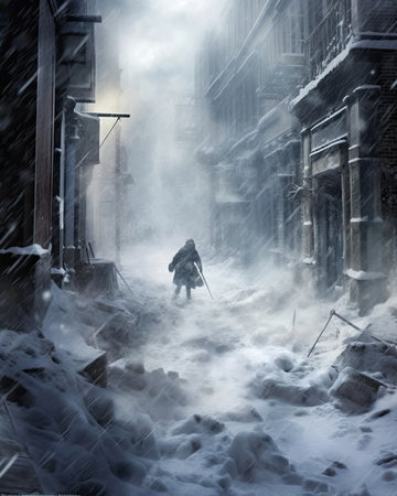 Blizzard: freezing cold snowstorm with strong winds. Image generated with Generative AI.の素材