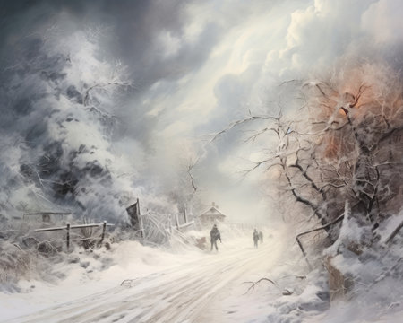 Freezing cold with heavy snowfall and strong winds. Image generated with Generative AI.の素材