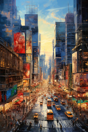 Crowded streets, tall buildings, fast-paced lifestyle, bustling traffic. Image generated with Generative AI.の素材