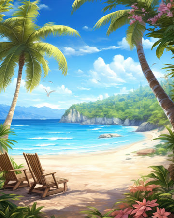 Sunny tropical beach - perfect holiday getaway. Image generated with Generative AI.の素材