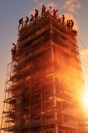 Workers build skyscrapers in scorching heat. Image generated with Generative AI.の素材