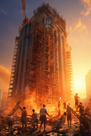 Workers build skyscrapers in scorching heat. Image generated with Generative AI.の素材