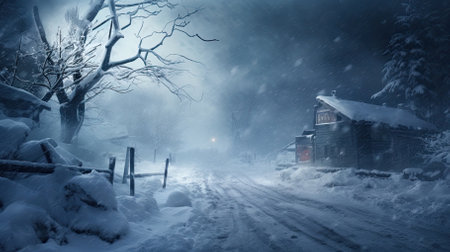 Freezing cold with heavy snowfall and icy wind. Image generated with Generative AI.の素材