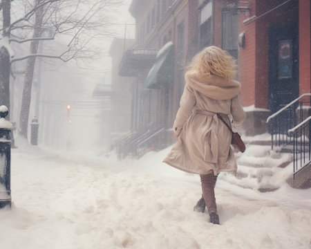 Stepping outside in a snowstorm, freezing instantly. Image generated with Generative AI.の素材