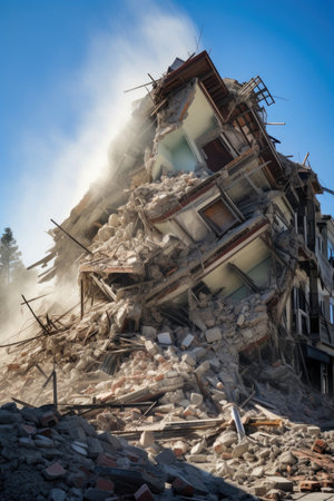 Catastrophic earthquake shakes foundations, leaving ruin behind. Image generated with Generative AI.の素材