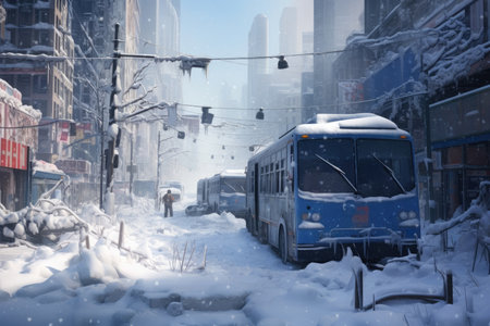 Blizzard freezes city, holding all transportation. Image generated with Generative AI.の素材