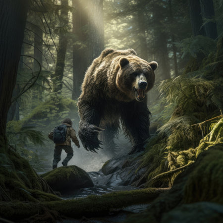 Bear charges hikers in the deep forest. Image generated with Generative AI.の素材