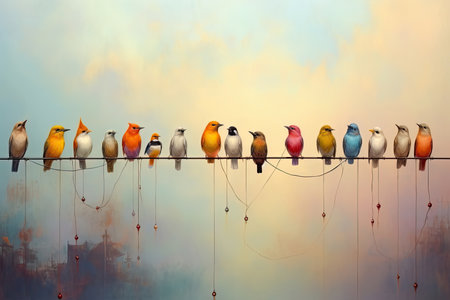 Birds gather on a wire, chirping harmoniously together. Image generated with Generative AI.の素材