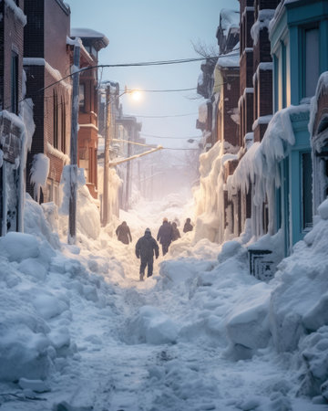 Harsh winter storm wreaks havoc in Eastern cities. Image generated with Generative AI.の素材