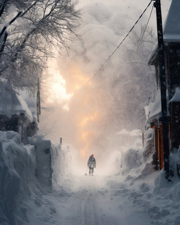 A blizzard with freezing temperatures and heavy snowfall. Image generated with Generative AI.の素材