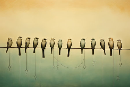 Birds gather on a wire, chirping harmoniously together. Image generated with Generative AI.の素材