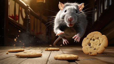Rat scurries away after stealing a cookie. Image generated with Generative AI.の素材