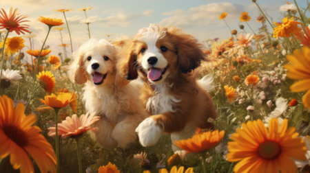 Puppies playing in a field of flowers. Image generated with Generative AI.の素材