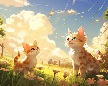 Cats playing together under a sunny sky. Image generated with Generative AI.の素材