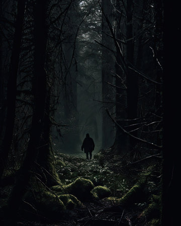 Lost in the dark woods with no way out. Image generated with Generative AI.の素材