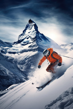 Skiing in the Swiss Alps with fresh snowfall. Image generated with Generative AI.の素材