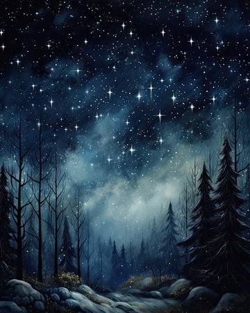 Chilly moonlit night, stars sparkle in dark sky. Image generated with Generative AI.の素材