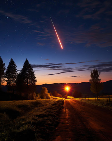 Suddenly seeing a shooting star on a pitch black night sky. Image generated with Generative AI.の素材