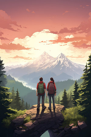 Two friends get lost while hiking in mountains. Image generated with Generative AI.の素材