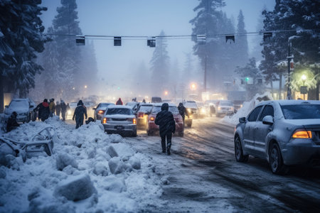 A sudden snowstorm in Tahoe causes chaos on the roads. Image generated with Generative AI.の素材
