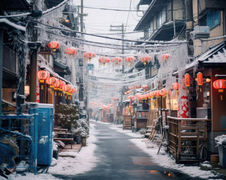Cold winter day in Tokyo, snow-covered streets. Image generated with Generative AI.の素材