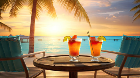 Sipping cocktails on a tropical beach getaway. Image generated with Generative AI.の素材