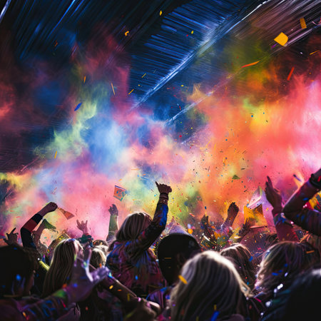 A crowd enjoys dancing to energetic electro beats at the nightclub. Image generated with Generative AI.の素材