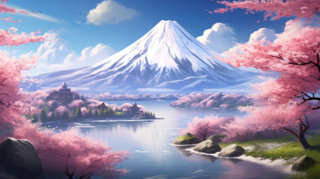 Snow-covered mountains, peaceful meditation, cherry blossoms blooming. Image generated with Generative AI.の素材