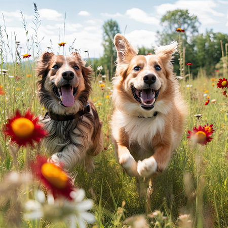Dogs excitedly chase each other in a meadow. Image generated with Generative AI.の素材