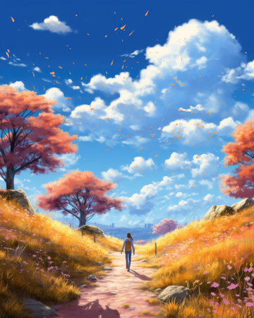 A person enjoying a walk in beautiful weather. Image generated with Generative AI.の素材