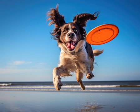 Dog catches frisbee in mid-air at the beach. Image generated with Generative AI.の素材