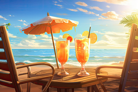 Relaxing on a sunny beach, sipping cocktails. Image generated with Generative AI.の素材
