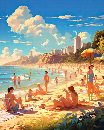 Sunny beach outing with friends and family. Image generated with Generative AI.の素材