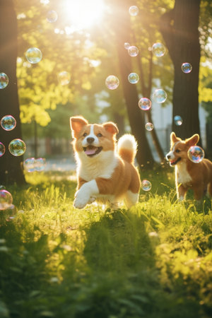 Puppies chasing bubbles in a sunny park. Image generated with Generative AI.の素材