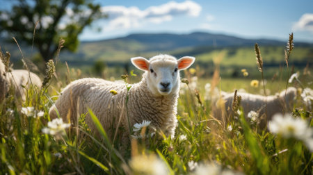 Sheep peacefully grazing in a meadow under a sunny sky. Image generated with Generative AI.の素材