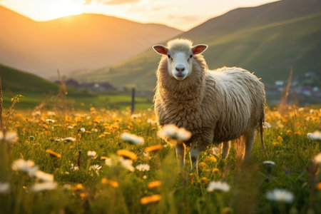 A sheep grazes contently in a picturesque meadow with wildflowers. Image generated with Generative AI.の素材