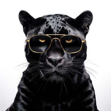 close-up of Black panther with sunglasses on white background Image generated with Generative AI.の素材