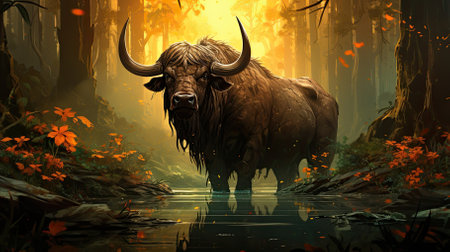A buffalo roaming freely in a dense forest, grazing peacefully. Image generated with Generative AI.の素材