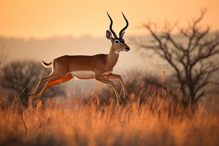 An impala leaps gracefully over the tall grasslands, escaping predators. Image generated with Generative AI.の素材