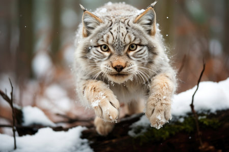 A Canada Lynx gracefully leaping through a snowy forest clearing. Image generated with Generative AI.の素材