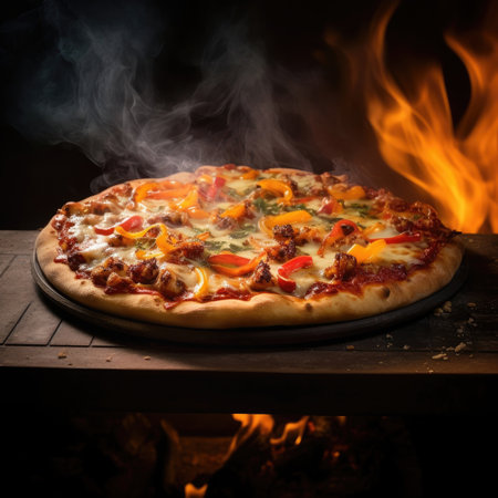 Burning hot pizza fresh out of the oven. Image generated with Generative AI.の素材