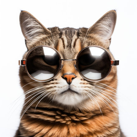 close-up of Cat with sunglasses on white background Image generated with Generative AI.の素材